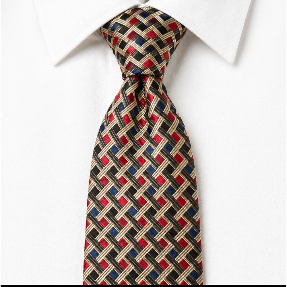 Jhane Barnes Mens Silk Tie Red Gold Blue Geometric Basketweave‎ Made in Japan
